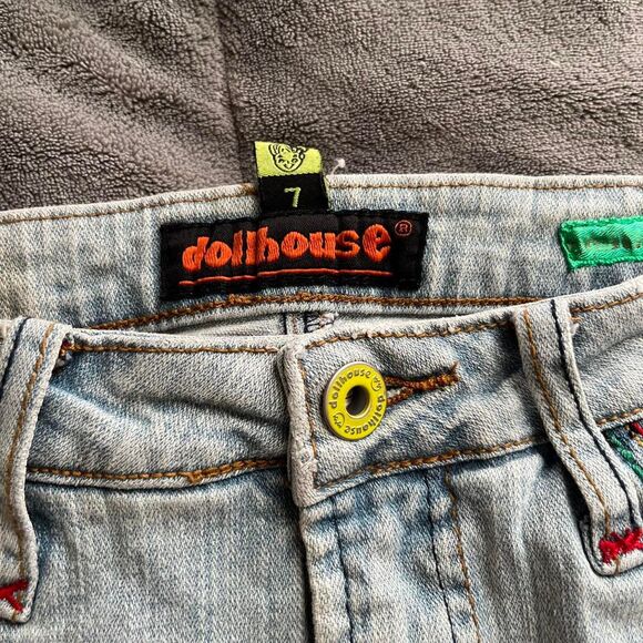 Vintage Y2K indie retro Dollhouse rainbow light wash denim midi skirt size 7 - Picture 2 of 8